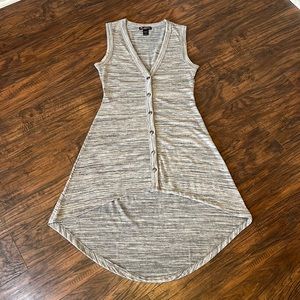 Cute casual heathered gray button up vest with deep v-neck and high-low hemline.